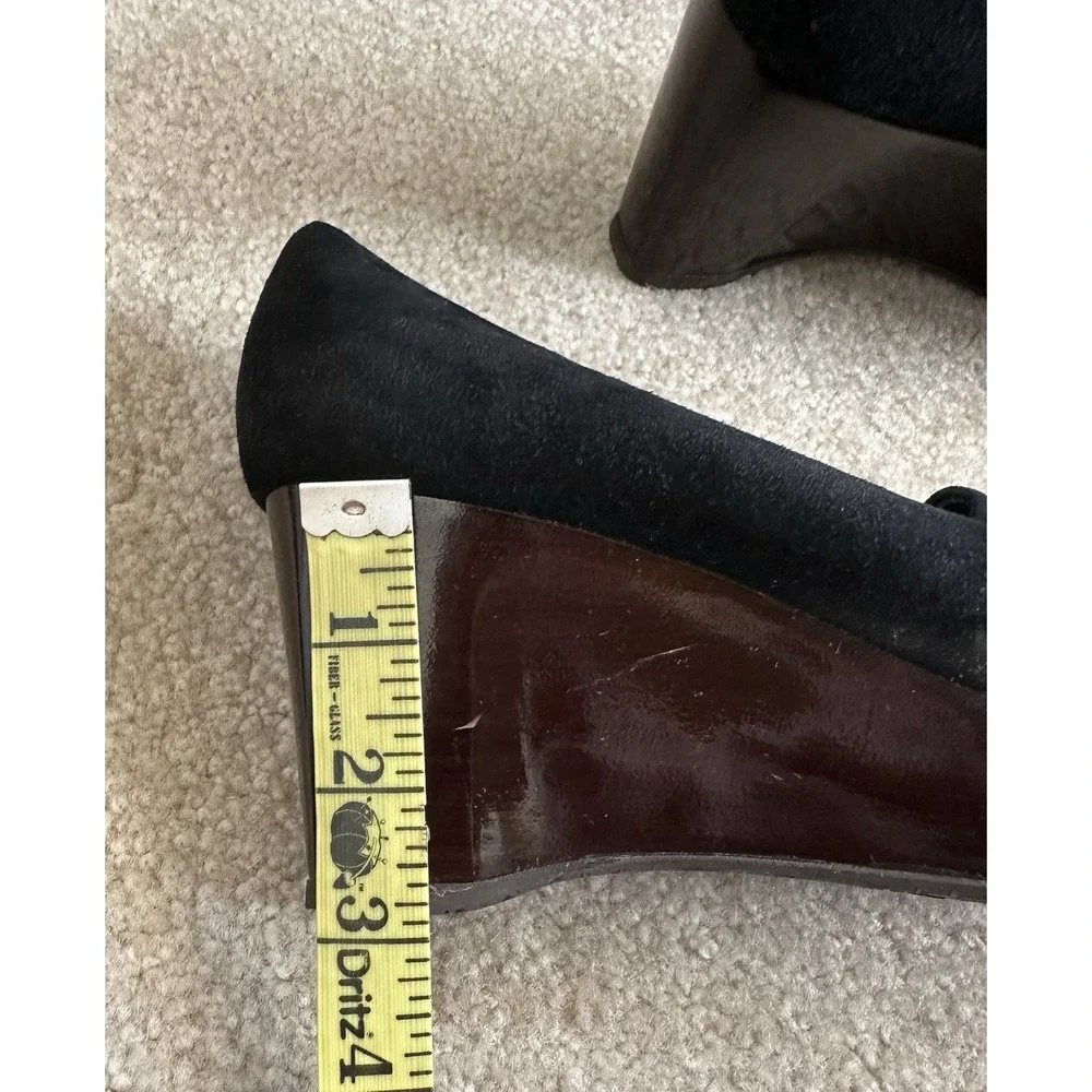 Stuart Weitzman Black Suede Brown‎ Wood Wedge Shoes Size 8 1/2 Silver Studs Read - Picture 12 of 13